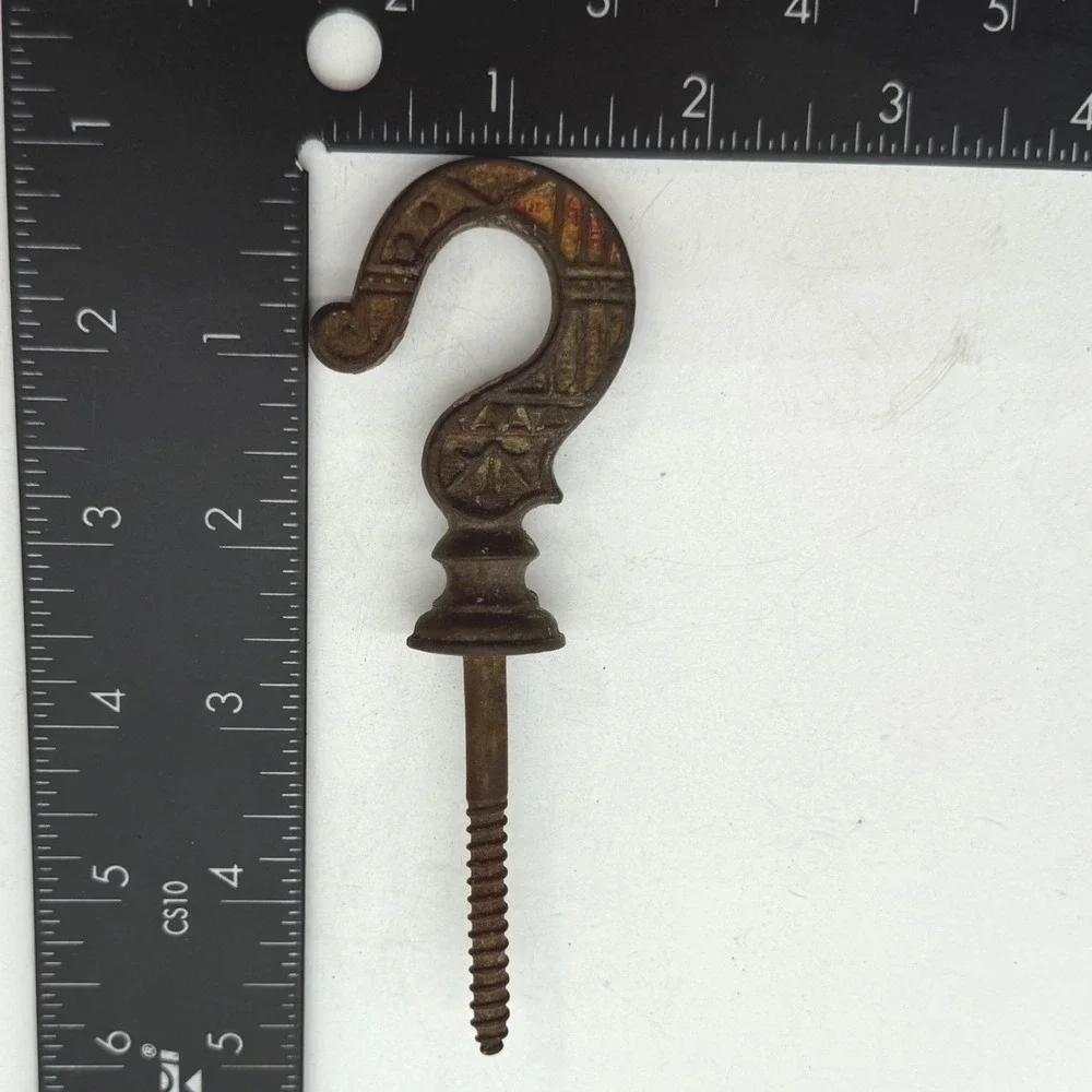 Antique Victorian Cast Iron Screw In Hook Geometric Relief Pattern Rusted Patina